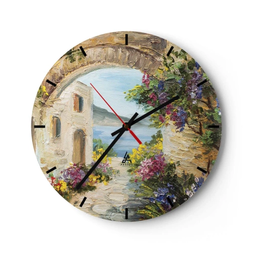 Ceas de perete - Ceas pe sticlă - O stradă atmosferică cu flori și vedere la mare - 30x30cm - Farmecul peisajului de coastă - Decorațiune modernă pentru perete pentru living, bucătărie și dormitor ARTTOR