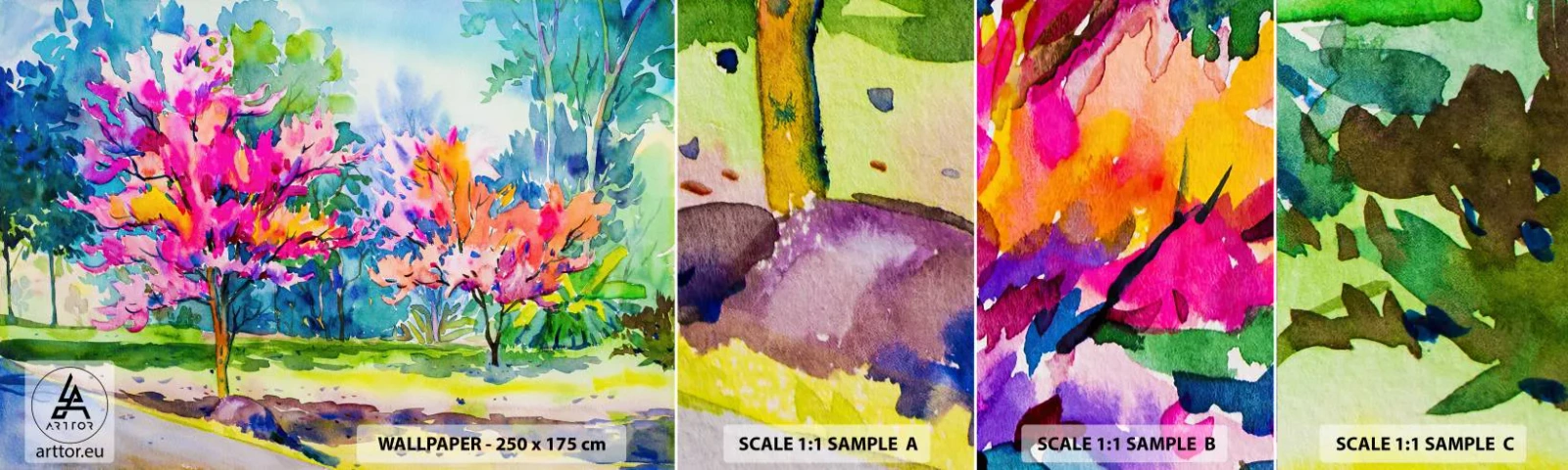 Mostră tapet autocolant Deluxe Sticker - Grădina curcubeului în splendoarea primăverii - Parc, Copaci, Natură - 100x30 cm