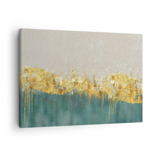 Tablou pe pânză Canvas - Accente aurii pe un fundal verde-bej - 70x50cm - Frontiera de aur - Decorațiune modernă pentru perete pentru living și dormitor ARTTOR