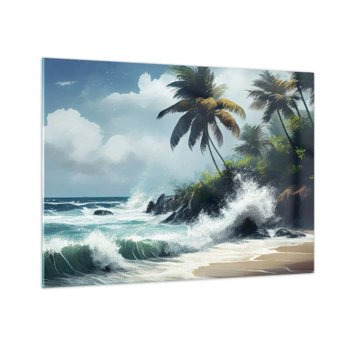 Tablou pe sticlă - Valuri care se izbesc de stâncile de lângă palmieri pe o plajă tropicală - 70x50cm - Pe un țărm tropical - Decorațiune modernă pentru perete pentru living și dormitor ARTTOR