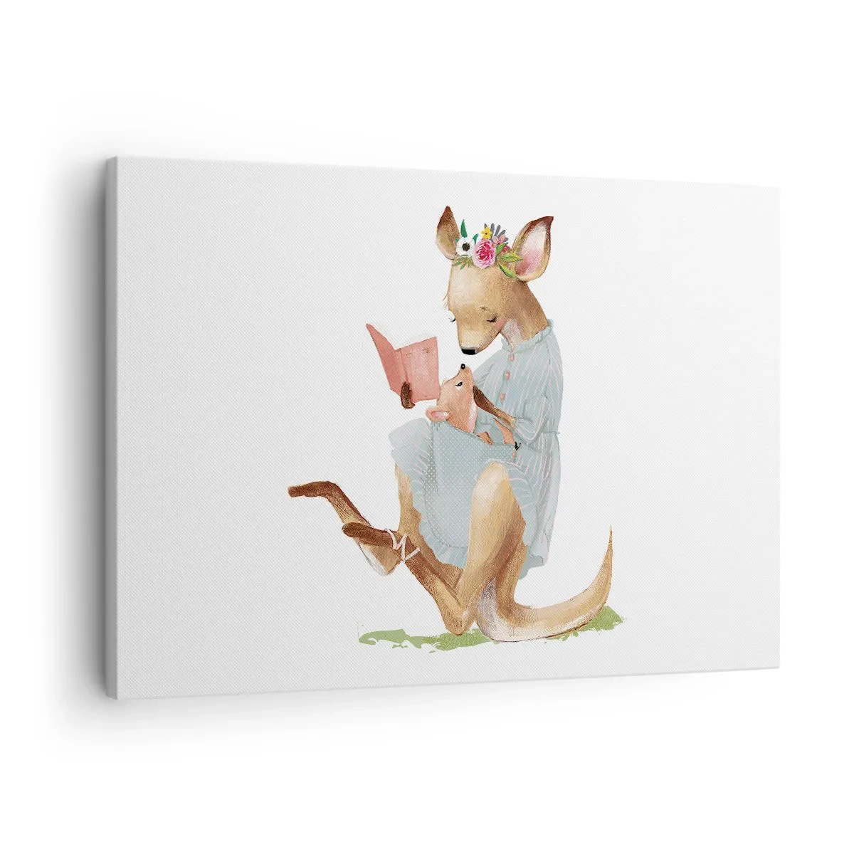 Tablou pe pânză Canvas - Kanga citind o carte cu un bebeluș - 70x50cm - Citește-mi, mamă - Decorațiune modernă pentru perete pentru living și dormitor ARTTOR