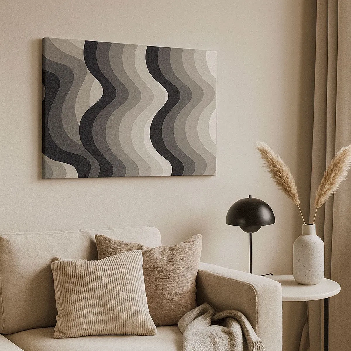 Tablou pe pânză Canvas - Modele ondulate alb-negru în nuanțe de gri - 70x50cm - Val după val - Decorațiune modernă pentru perete pentru living și dormitor ARTTOR