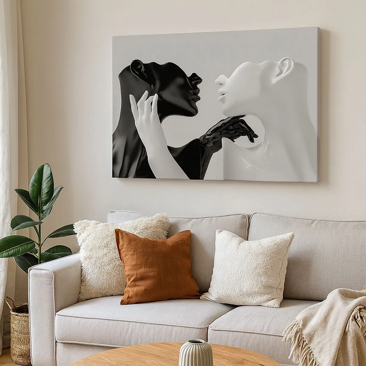 Tablou pe pânză Canvas - Siluete alb-negru în prim-plan dinamic - 70x50cm - Atracție - dorință - Decorațiune modernă pentru perete pentru living și dormitor ARTTOR