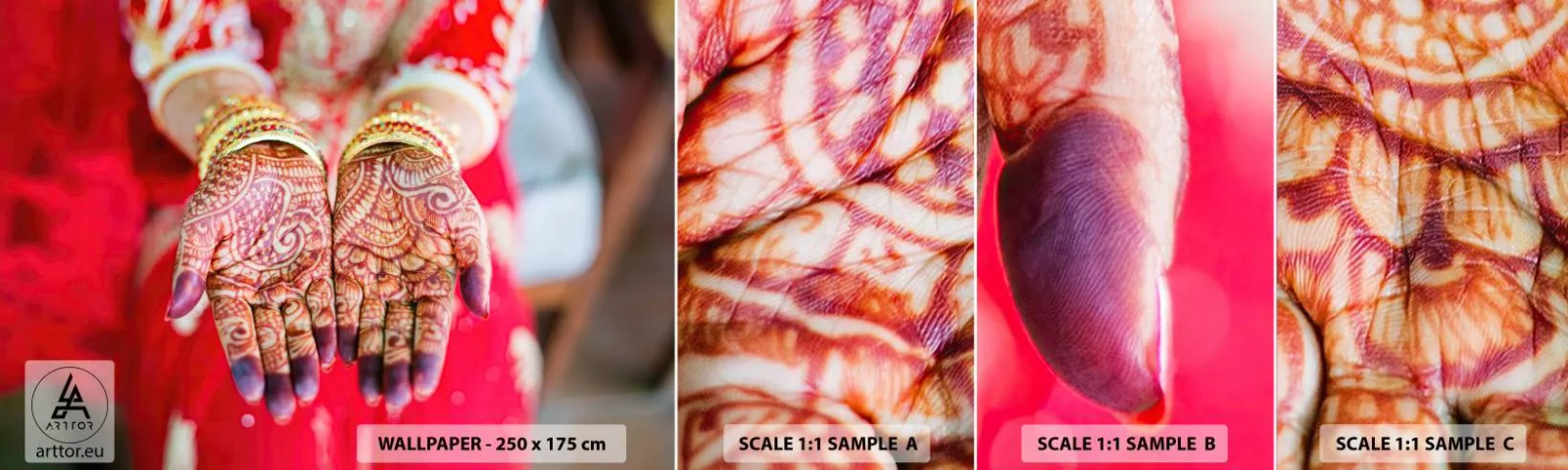 Mostră de Tapet Standard Eco - Gata să prindă fericirea - Mâinile femeilor, Modele orientale, India - 100x30 cm
