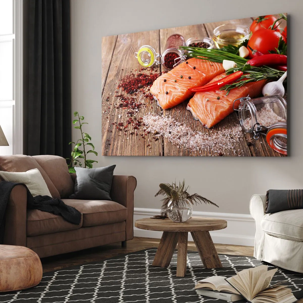 Tablou pe pânză Canvas - Fileuri de somon cu condimente pe fundal de lemn - 70x50cm - O aventură norvegiană în bucătărie - Decorațiune modernă pentru perete pentru living și dormitor ARTTOR
