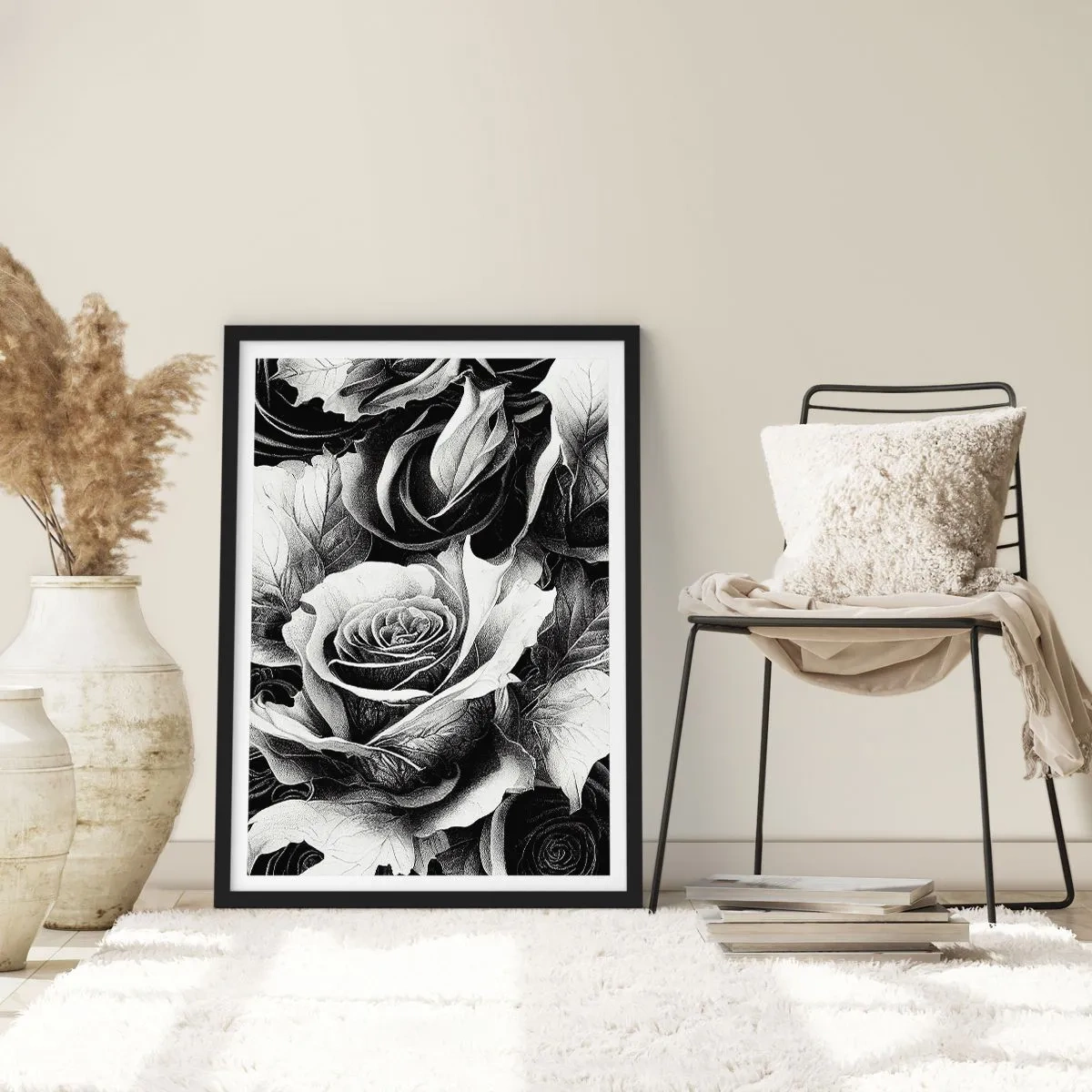 Poster în ramă neagră - O compoziție alb-negru de trandafiri cu clarobscur expresiv - 50x70cm - Mereu regina - Decorațiune modernă pentru perete pentru living și dormitor ARTTOR