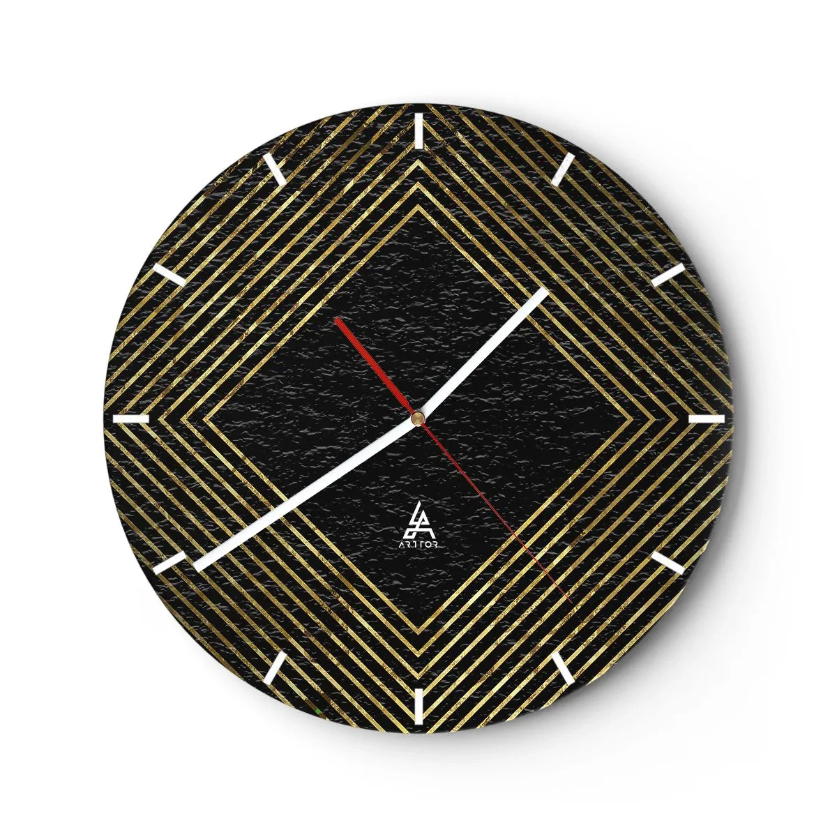 Ceas de perete - Ceas pe sticlă - Linii aurii care formează un romb pe un fundal negru - 30x30cm - Geometrie în stil glamour - Decorațiune modernă pentru perete pentru living, bucătărie și dormitor ARTTOR
