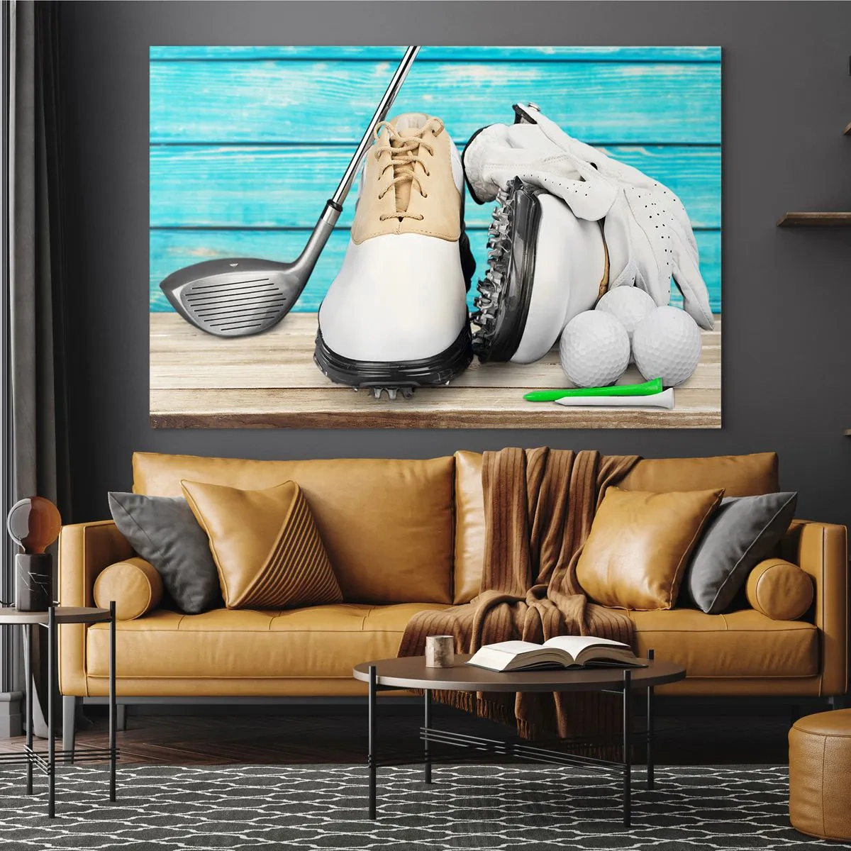 Tablou pe sticlă - Accesorii de golf pe un fundal de lemn - 70x50cm - Totul este gata - Decorațiune modernă pentru perete pentru living și dormitor ARTTOR