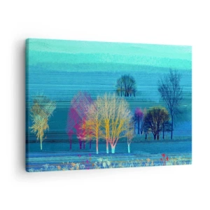 Tablou pe pânză Canvas - Copaci colorați pe fundalul unui peisaj albastru, minimalist - 70x50cm - Un peisaj pieptănat - Decorațiune modernă pentru perete pentru living și dormitor ARTTOR