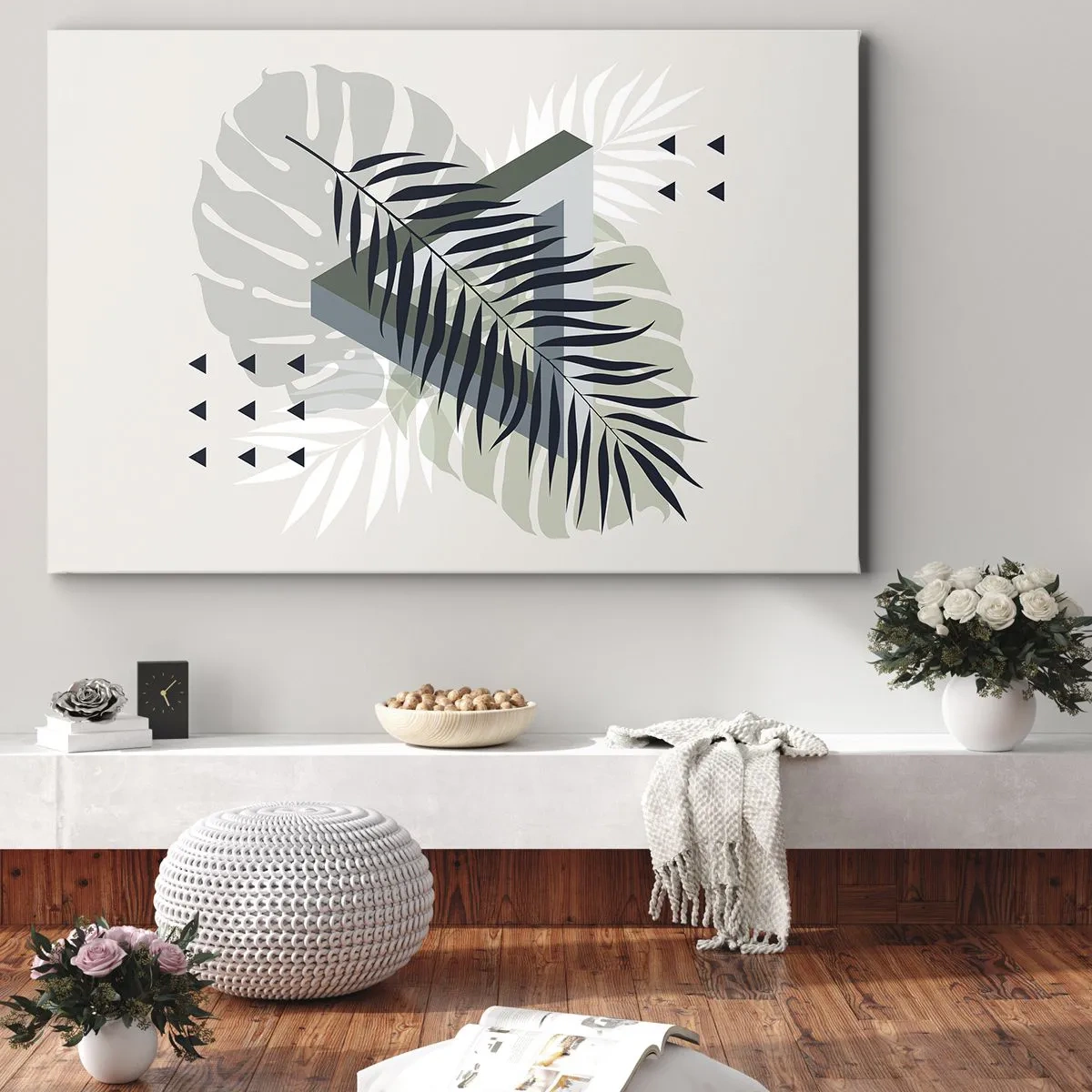 Tablou pe pânză Canvas - Compoziție geometrică cu frunze tropicale în nuanțe de verde - 70x50cm - Natura și geometria - două ordine? - Decorațiune modernă pentru perete pentru living și dormitor ARTTOR