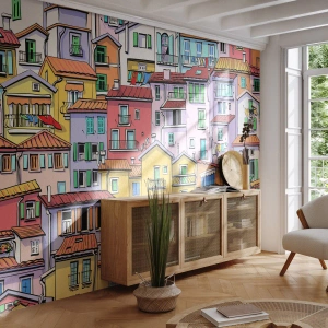 Tapet Standard Eco - Case de locuit colorate într-un stil de basm, desene animate - 100x70cm - Oraș vesel - Decorațiune modernă pentru perete pentru living și dormitor ARTTOR