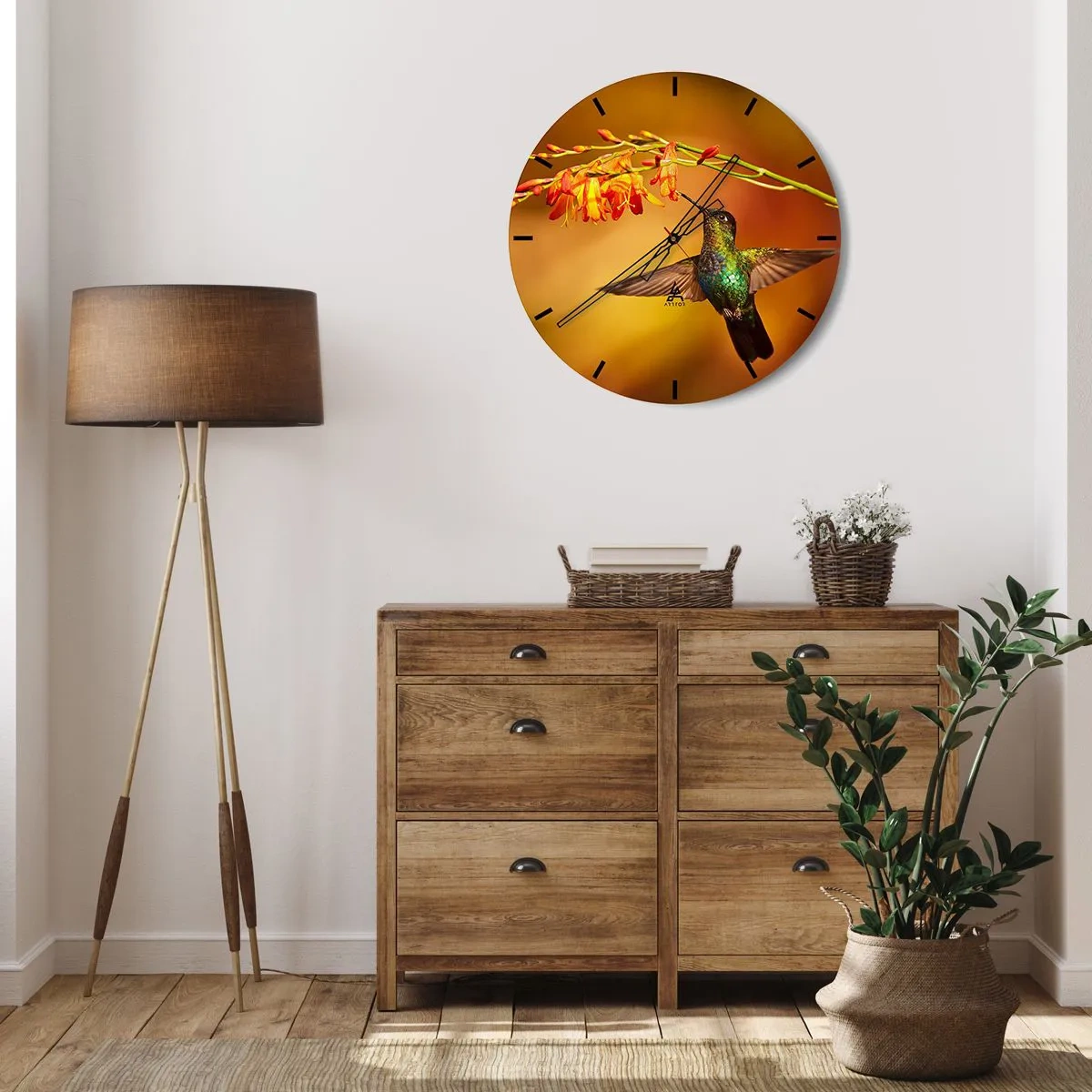Ceas de perete - Ceas pe sticlă - O colibri hrănindu-se din flori în lumina caldă - 30x30cm - Mesagerul mayaș al luminii - Decorațiune modernă pentru perete pentru living, bucătărie și dormitor ARTTOR