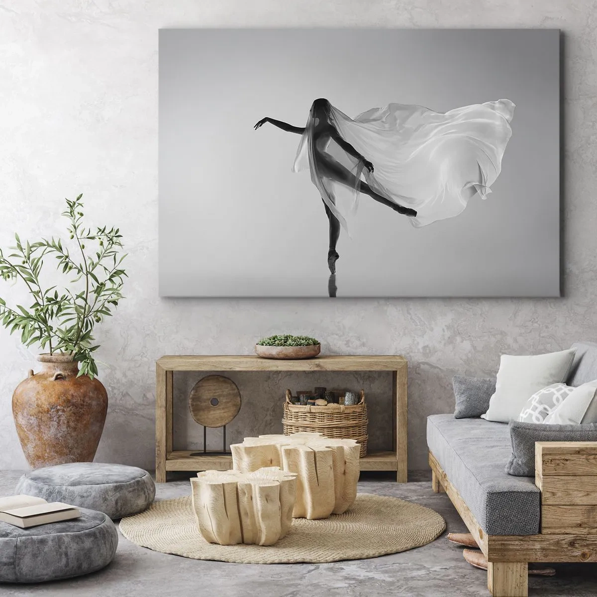 Tablou pe pânză Canvas - O dansatoare într-o poză eterică cu material textil fluid - 70x50cm - Lejeritate și grație - Decorațiune modernă pentru perete pentru living și dormitor ARTTOR