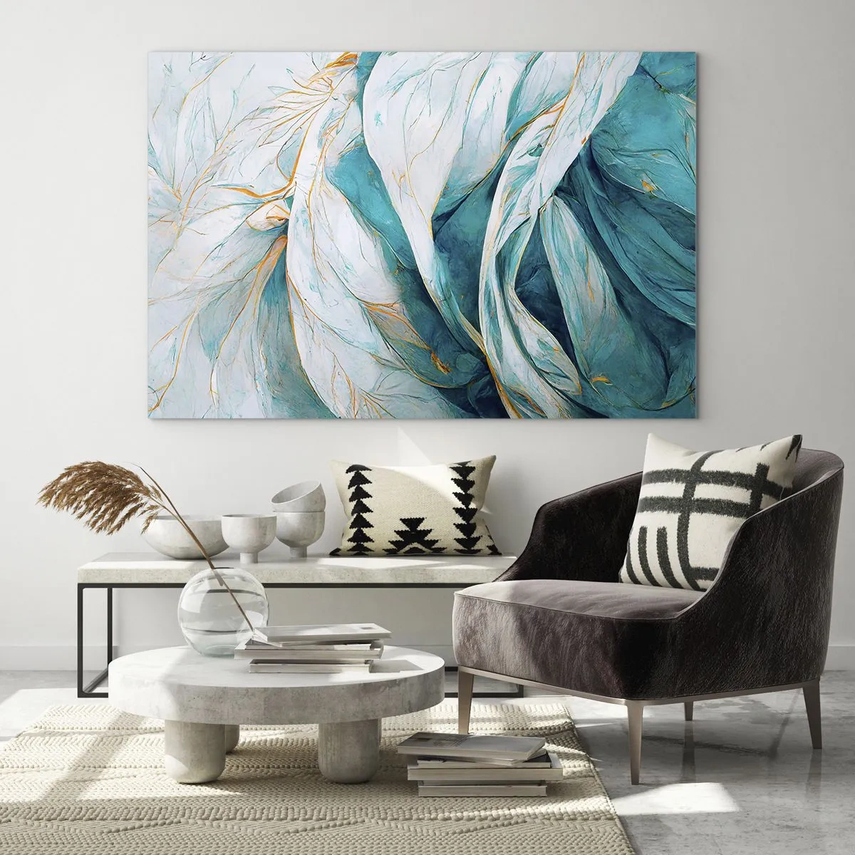 Tablou pe sticlă - Abstracție organică în linii albastre și aurii - 70x50cm - Abstractul albastru cu motiv auriu - Decorațiune modernă pentru perete pentru living și dormitor ARTTOR