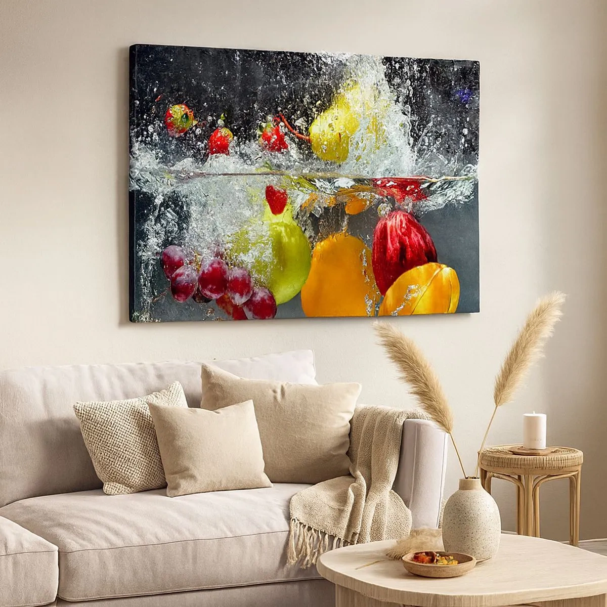 Tablou pe pânză Canvas - Fructe colorate în apă în timpul imersiunii dinamice - 70x50cm - Răcoritoare cu fructe - Decorațiune modernă pentru perete pentru living și dormitor ARTTOR