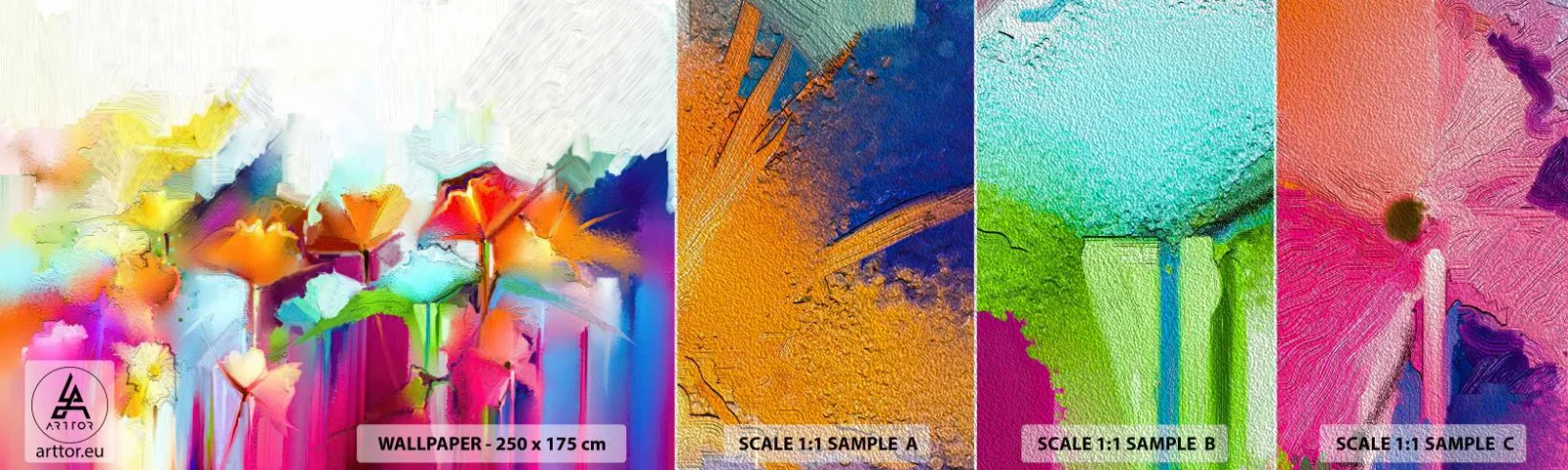 Mostră tapet Premium Sand - Curcubeul înflorit - Abstracția, Flori, Bucată - 100x30 cm