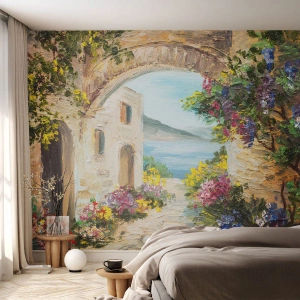 Tapet Standard Eco - Farmecul peisajului de coastă - Arhitectură, Grecia, Flori - 350x256 cm