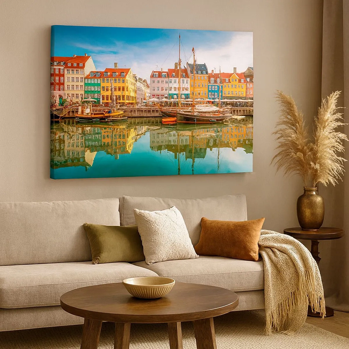Tablou pe pânză Canvas - Case colorate pe canal în Copenhaga - 70x50cm - Spre o apă netedă ca o oglindă - Decorațiune modernă pentru perete pentru living și dormitor ARTTOR