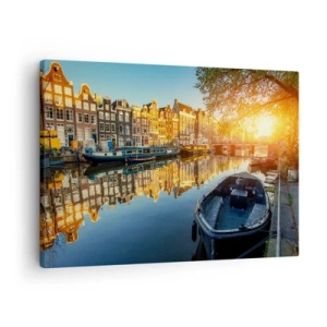 Tablou pe pânză Canvas - Canalul din Amsterdam la apus - 70x50cm - Dimineața în Amsterdam - Decorațiune modernă pentru perete pentru living și dormitor ARTTOR