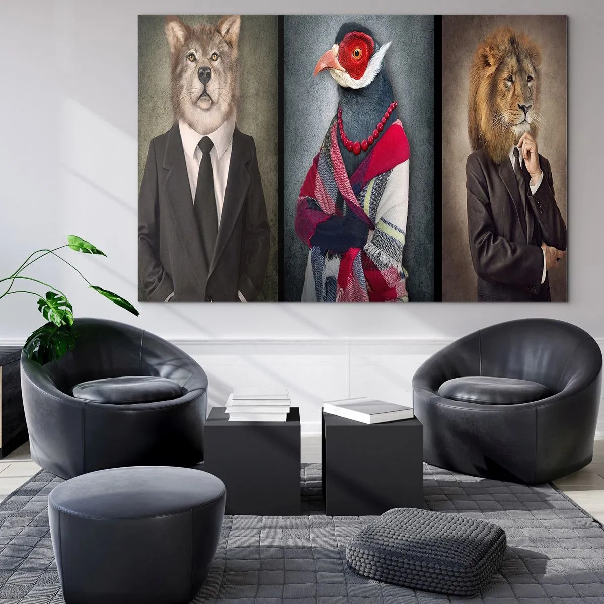 Tablou pe sticlă - Trei animale în haine elegante pe un fundal stilizat - 70x50cm - Ce caut eu aici!? - Decorațiune modernă pentru perete pentru living și dormitor ARTTOR