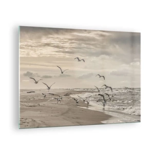 Tablou pe sticlă - Păsări pe malul mării în zori în tonuri sepia - 70x50cm - Marea zumzăie, păsările cântă - Decorațiune modernă pentru perete pentru living și dormitor ARTTOR