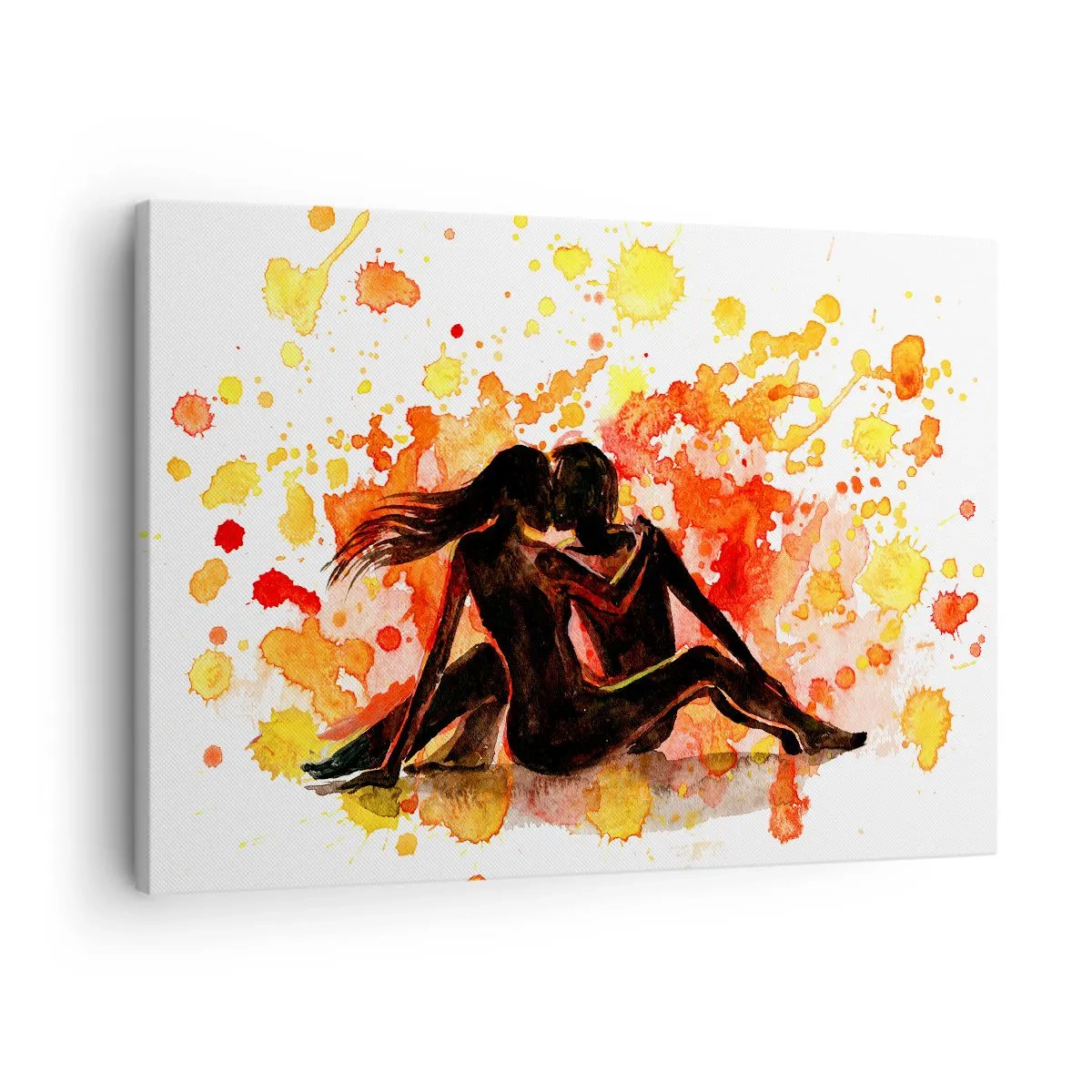 Tablou pe pânză Canvas - O pictură romantică în acuarelă reprezentând două persoane în culori calde. - 70x50cm - Şi a fost lumină - Decorațiune modernă pentru perete pentru living și dormitor ARTTOR
