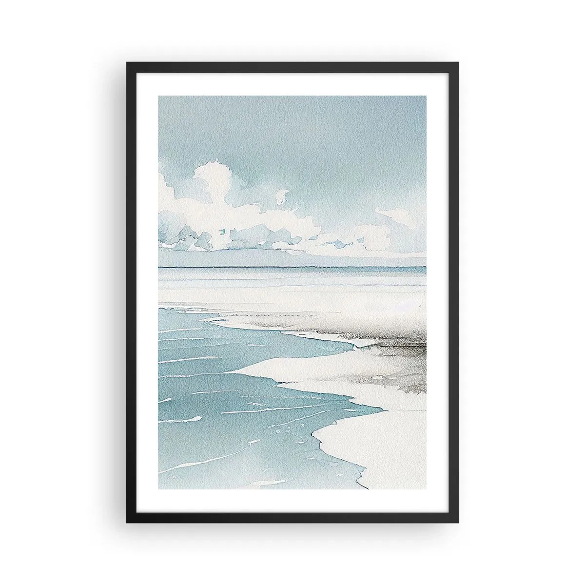 Poster în ramă neagră - Peisaj de coastă în acuarelă în nuanțe pastelate - 50x70cm - Mareea blândă - Decorațiune modernă pentru perete pentru living și dormitor ARTTOR