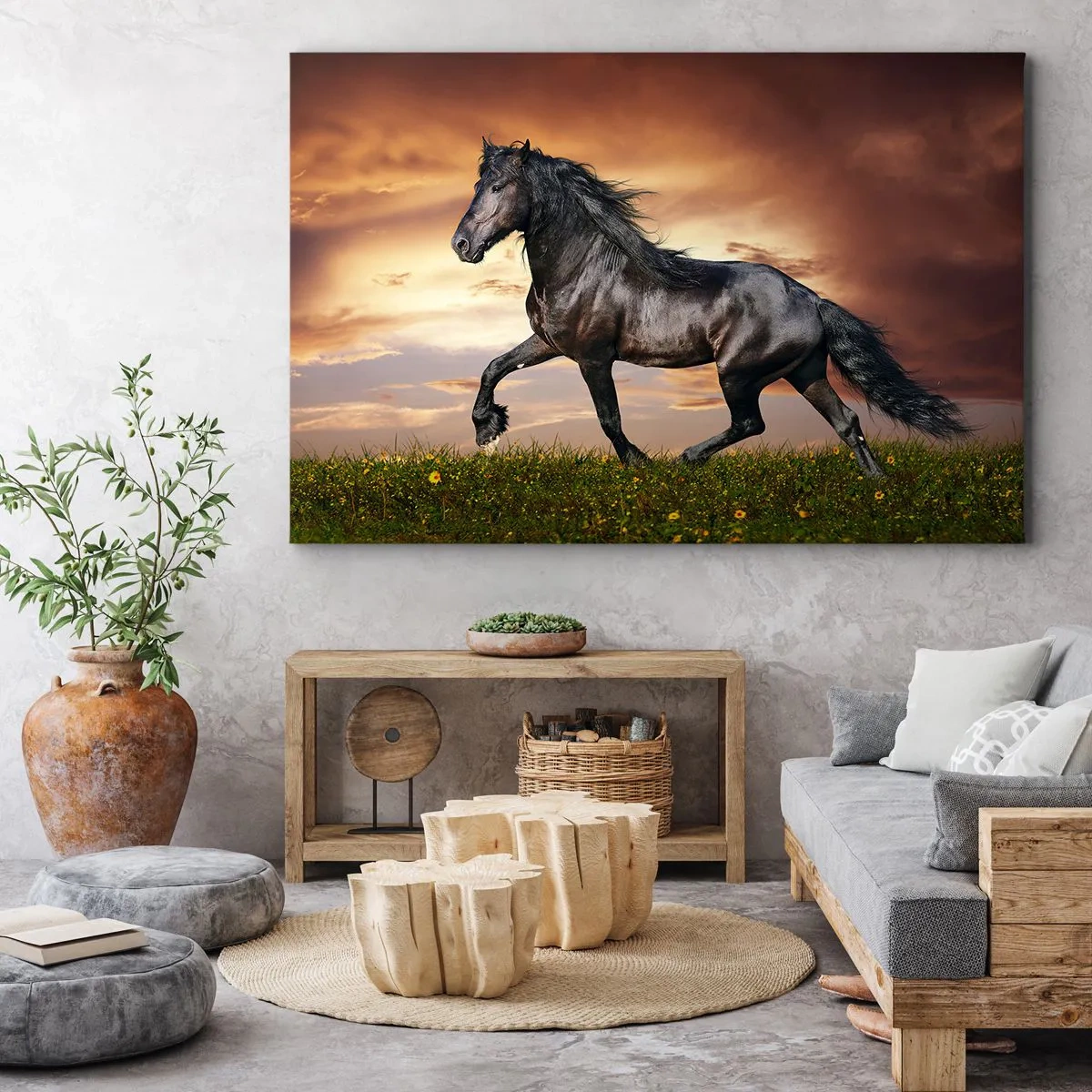 Tablou pe pânză Canvas - Un cal negru galopând pe fondul soarelui apus - 70x50cm - Prințul negru - Decorațiune modernă pentru perete pentru living și dormitor ARTTOR