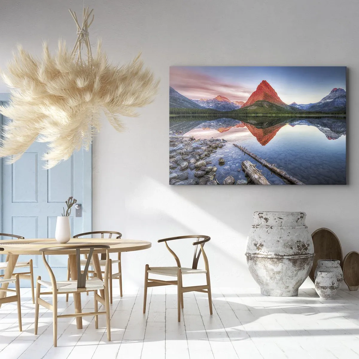 Tablou pe pânză Canvas - Un munte reflectat într-un lac la apus - 70x50cm - Căldură și frig - Decorațiune modernă pentru perete pentru living și dormitor ARTTOR