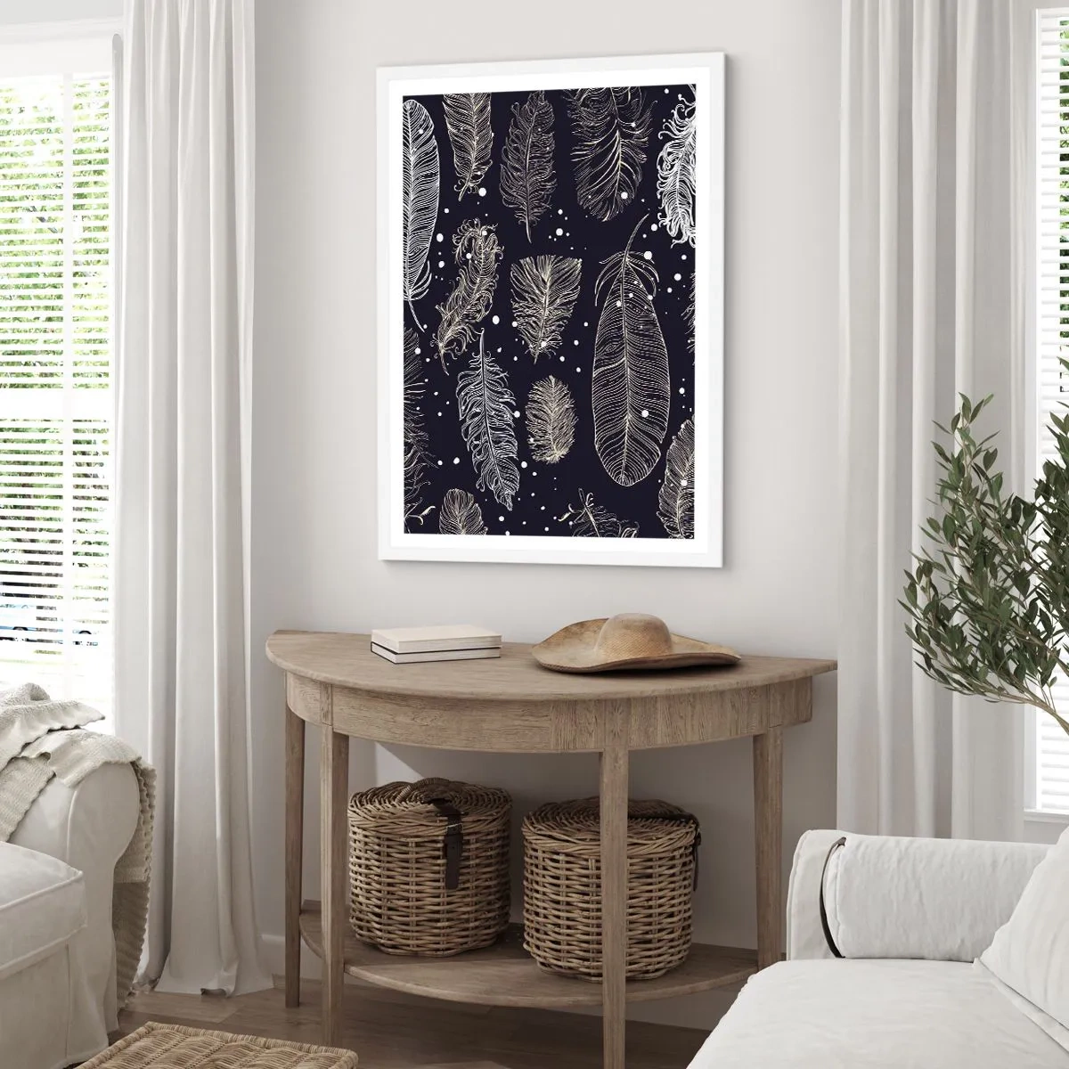 Poster în ramă albă - Dantelă cu pene - 70x100 cm