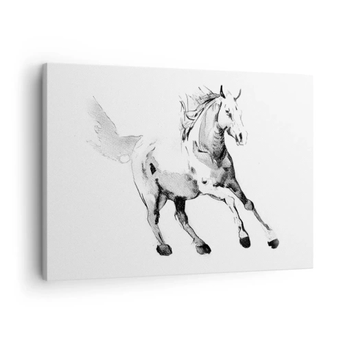Tablou pe pânză Canvas - Schiță a unui cal în galop în nuanțe de alb și negru - 70x50cm - Suflet neîmblânzit - Decorațiune modernă pentru perete pentru living și dormitor ARTTOR
