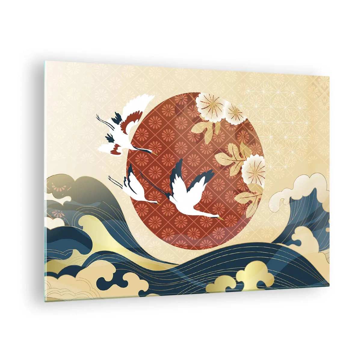 Tablou pe sticlă - Macarale japoneze peste valuri pe fundalul unui cerc roșu - 70x50cm - O fabulă japoneză - Decorațiune modernă pentru perete pentru living și dormitor ARTTOR