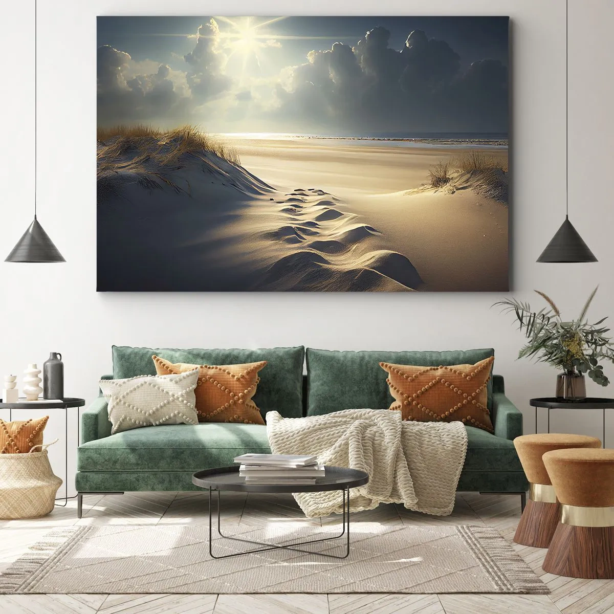 Tablou pe pânză Canvas - Dune aurii pe plajă la apus cu vedere la mare - 70x50cm - Peisaj liniștitor - Decorațiune modernă pentru perete pentru living și dormitor ARTTOR