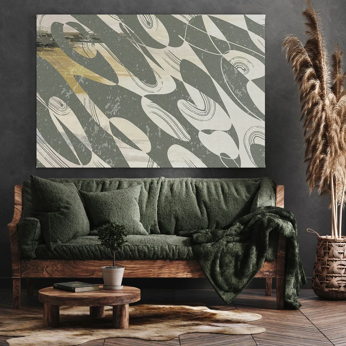 Tablou pe pânză Canvas - Forme dinamice în nuanțe de verde și auriu - 70x50cm - Abstracție ritmică - Decorațiune modernă pentru perete pentru living și dormitor ARTTOR
