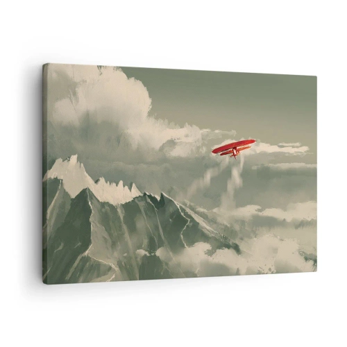 Tablou pe pânză Canvas - Avion roșu peste munți acoperiți de zăpadă - 70x50cm - Un pionier neînfricat - Decorațiune modernă pentru perete pentru living și dormitor ARTTOR