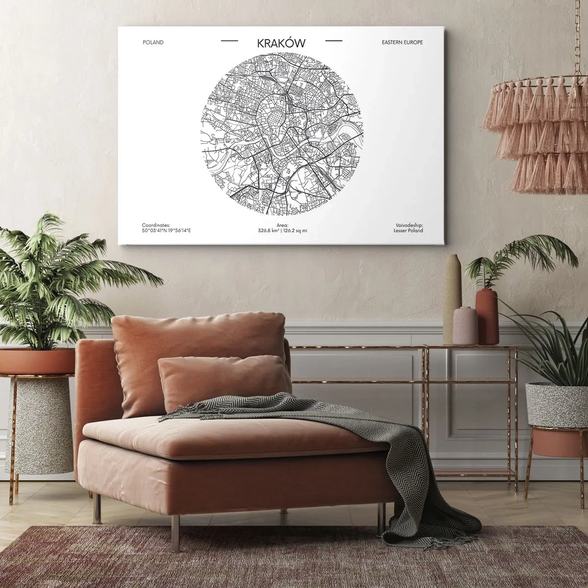 Tablou pe pânză Canvas - O hartă a Cracoviei într-un stil minimalist - 70x50cm - Anatomia Cracoviei - Decorațiune modernă pentru perete pentru living și dormitor ARTTOR