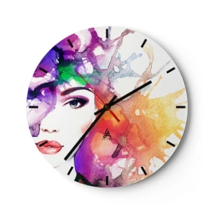 Ceas de perete - Ceas pe sticlă - Fața abstractă a unei femei înconjurată de pete colorate - 30x30cm - Cu capul în nori - Decorațiune modernă pentru perete pentru living, bucătărie și dormitor ARTTOR
