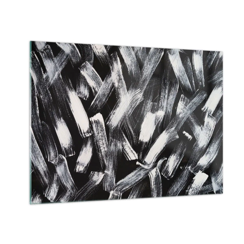 Tablou pe sticlă - Abstracție alb-negru a tușelor de pensulă pe un fundal întunecat - 70x50cm - Abstracție în spirit industrial - Decorațiune modernă pentru perete pentru living și dormitor ARTTOR
