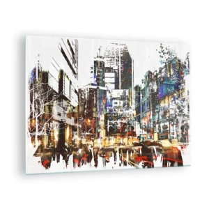 Tablou pe sticlă - Lumini colorate ale orașului într-un stil artistic, sclipitor - 70x50cm - Orașul pâlpâind - Decorațiune modernă pentru perete pentru living și dormitor ARTTOR
