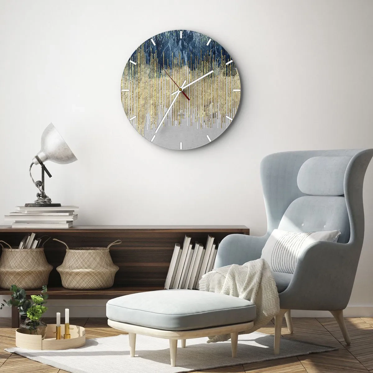 Ceas de perete - Ceas pe sticlă - Linii verticale aurii care trec în gradiente bleumarin și gri - 30x30cm - Granița aurită - Decorațiune modernă pentru perete pentru living, bucătărie și dormitor ARTTOR