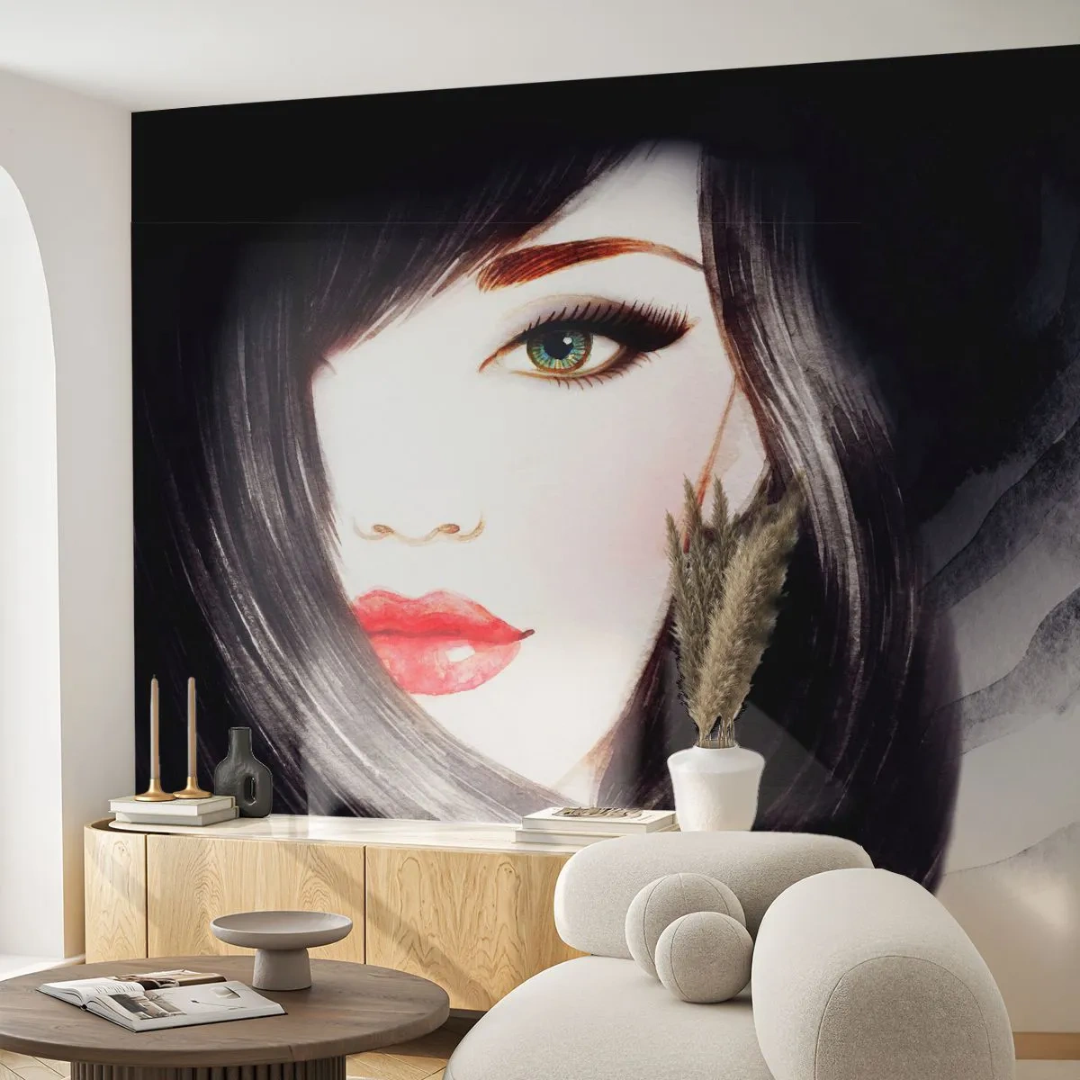 Tapet Premium Sand - Privirea de safir - Chipul de femeie, buze rosii, Ochi verzi - 100x70 cm