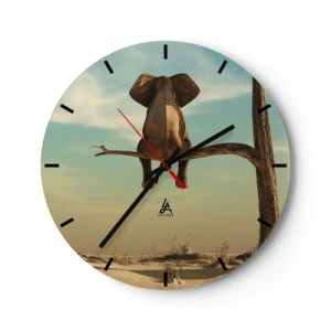 Ceas de perete - Ceas pe sticlă - Un elefant așezat pe ramura unui copac singuratic pe cer - 30x30cm - Un nou punct de vedere - Decorațiune modernă pentru perete pentru living, bucătărie și dormitor ARTTOR