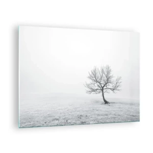 Tablou pe sticlă - Un copac singuratic pe fundalul ceții, într-o compoziție monocromatică - 70x50cm - Împotriva neantului - Decorațiune modernă pentru perete pentru living și dormitor ARTTOR