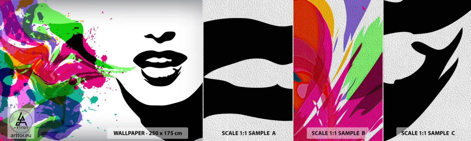 Mostră tapet Premium Sand - O poveste în culorile curcubeului - Abstracția, Gură, Grafică colorată - 100x30 cm