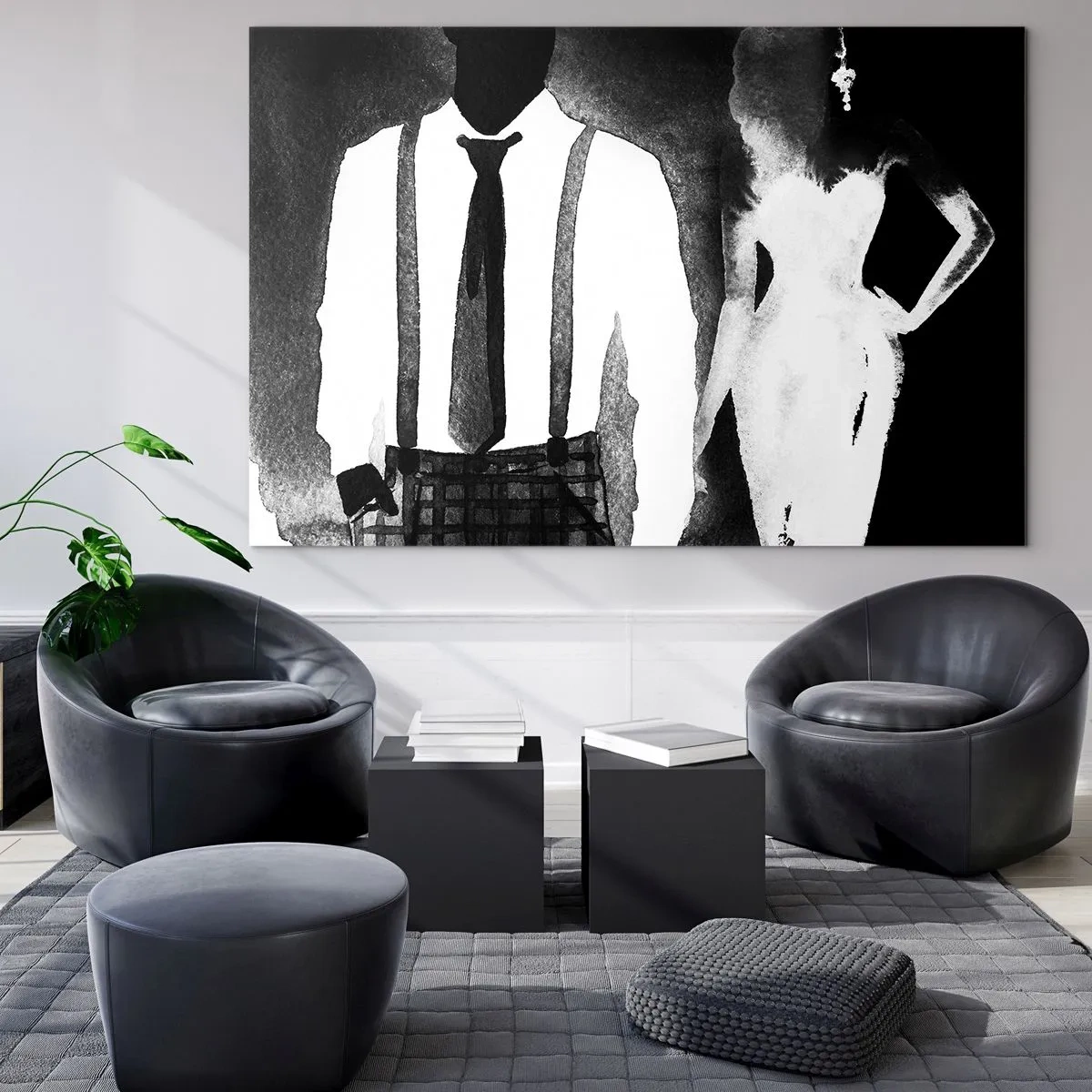 Tablou pe sticlă - Siluetă alb-negru a unui cuplu elegant noir - 70x50cm - Într-o atmosferă noir - Decorațiune modernă pentru perete pentru living și dormitor ARTTOR