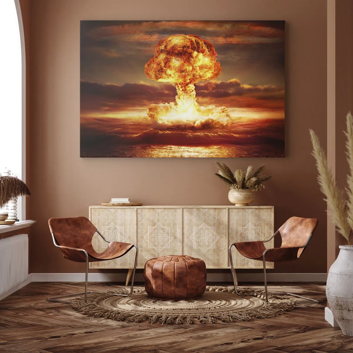 Tablou pe pânză Canvas - Explozie de nor ciupercă pe fundalul unui apus de soare - 70x50cm - Și sfârșitul va veni - Decorațiune modernă pentru perete pentru living și dormitor ARTTOR