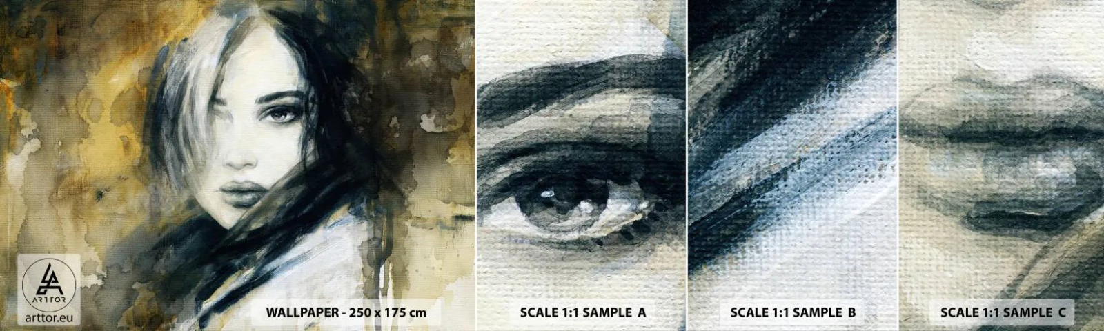 Mostră tapet autocolant Deluxe Sticker - Mai inocentă sau mai senzuală? - Portretul unei femei, Chipul de femeie, Grafică - 100x30 cm