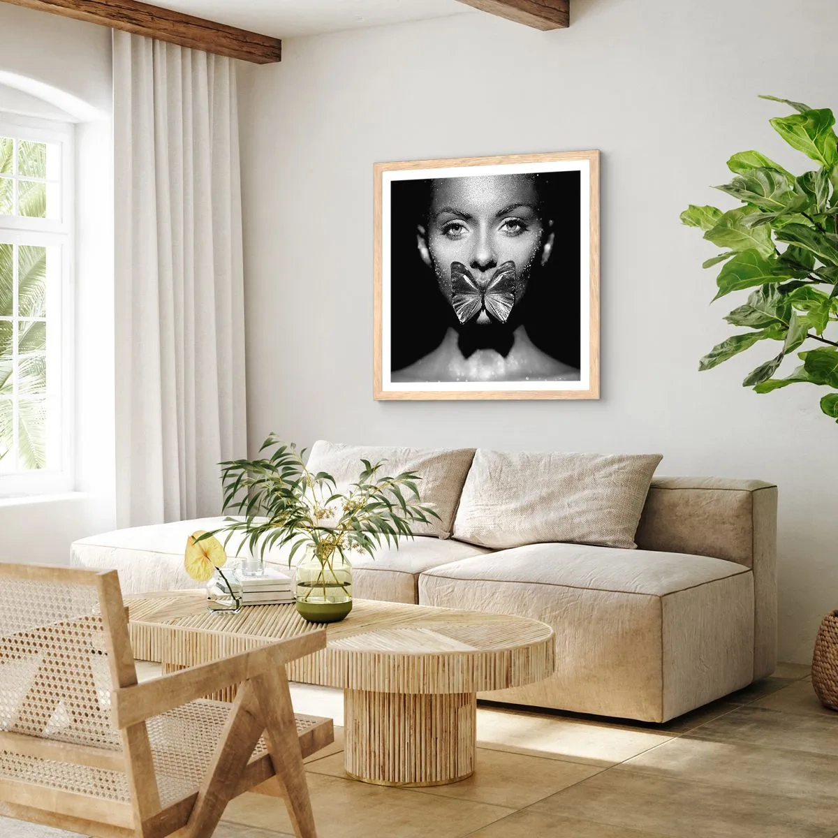 Poster în ramă de stejar deschis - Sărut de fluture - 60x60 cm