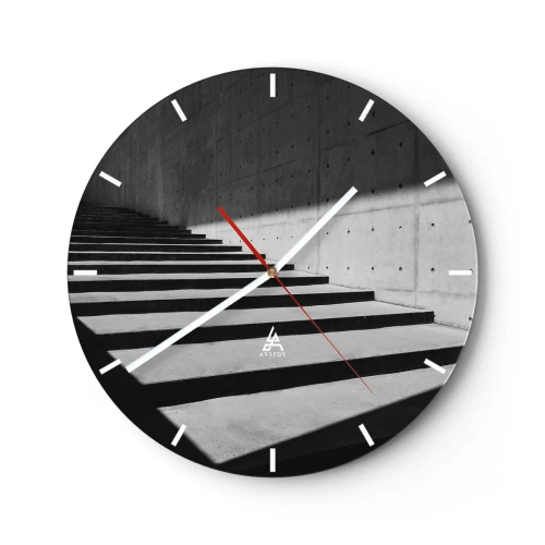 Ceas de perete - Ceas pe sticlă - Perspectivă alb-negru a scărilor și peretelui de beton - 30x30cm - Frumusețea brută a modernismului - Decorațiune modernă pentru perete pentru living, bucătărie și dormitor ARTTOR