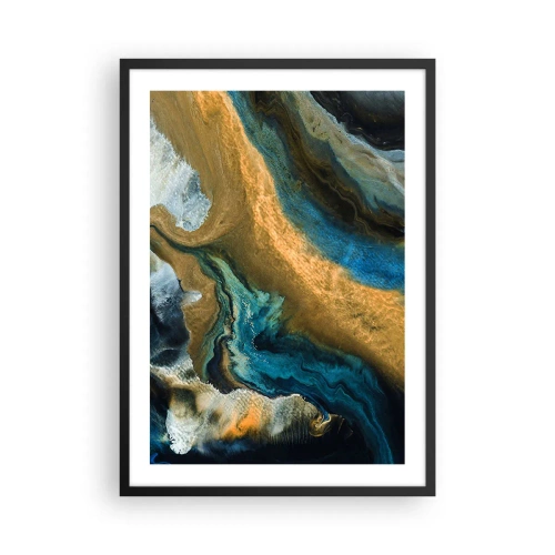 Poster în ramă neagră - O compoziție abstractă în nuanțe de auriu și albastru. - 50x70cm - Albastru - galben - influență reciprocă - Decorațiune modernă pentru perete pentru living și dormitor ARTTOR
